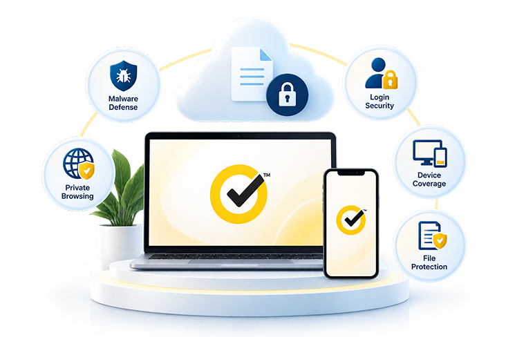 A laptop and phone protected with Norton security, with malware defense, private browsing, login security, device coverage, and file protection